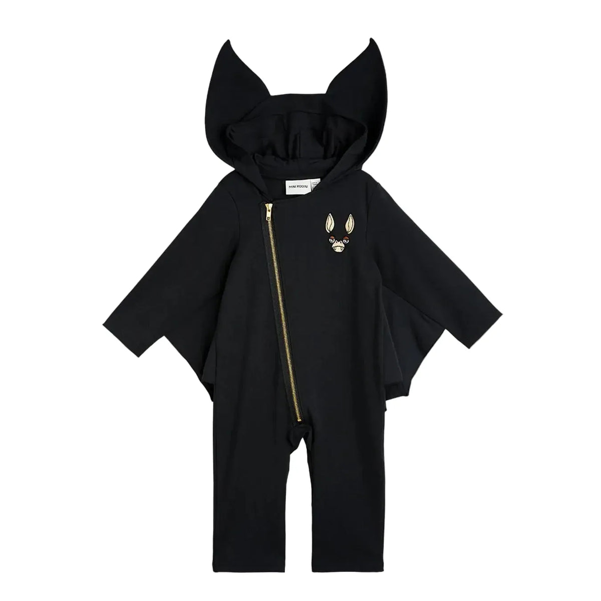 A black hooded one-piece jumpsuit with bat-wing sleeves, a front zipper, and a small gold fox face graphic on the left chest, displayed on a light gray background.