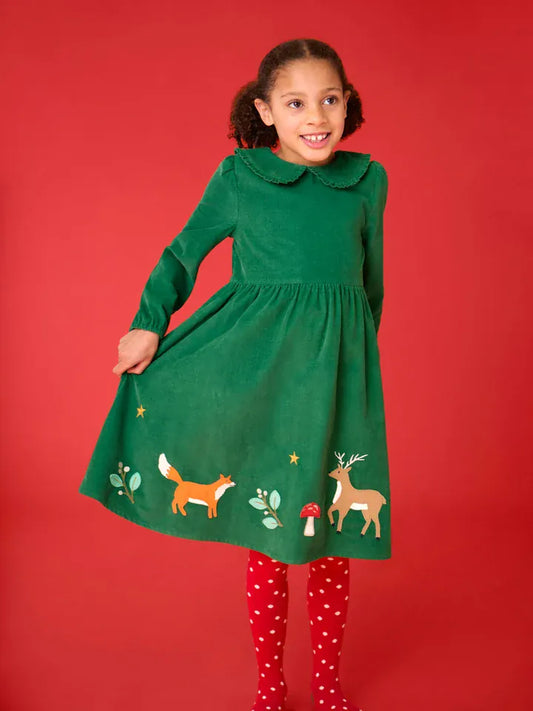Frugi Peony Cord Dress Holly Green/Fox