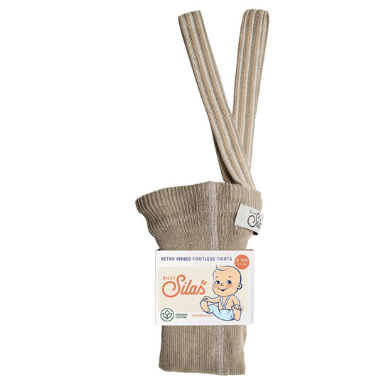 A pair of footless cotton tights in oyster grey with retro striped braces, packaged with a label showing the brand and product details.