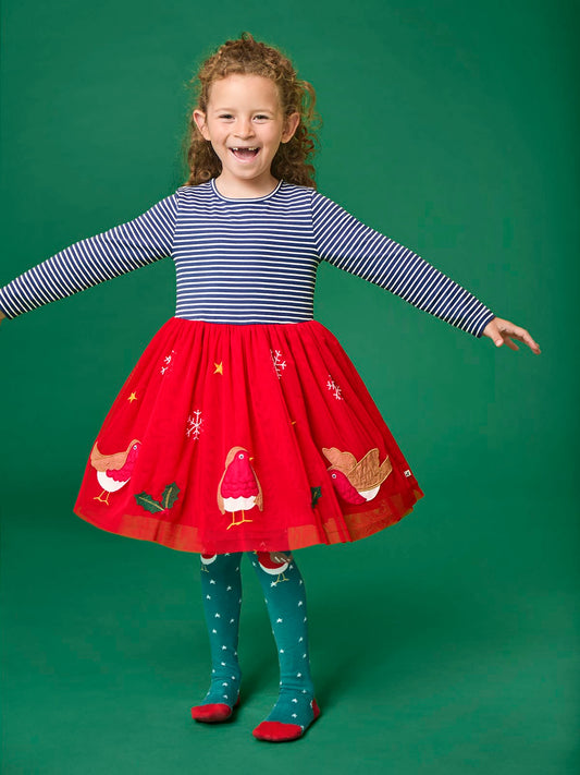 Frugi Emmie Skater Dress Navy Stripe/Robin