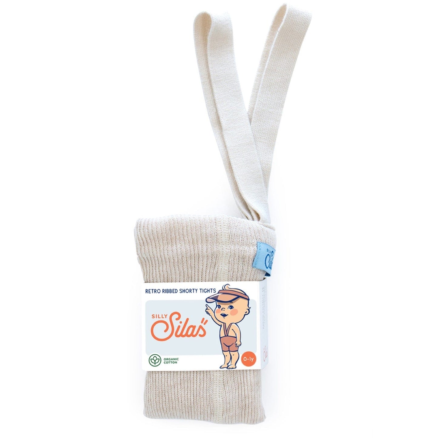 A pack of Silas brand shorty cotton tights with braces in a cream color, displayed with the packaging that features a cartoon illustration.