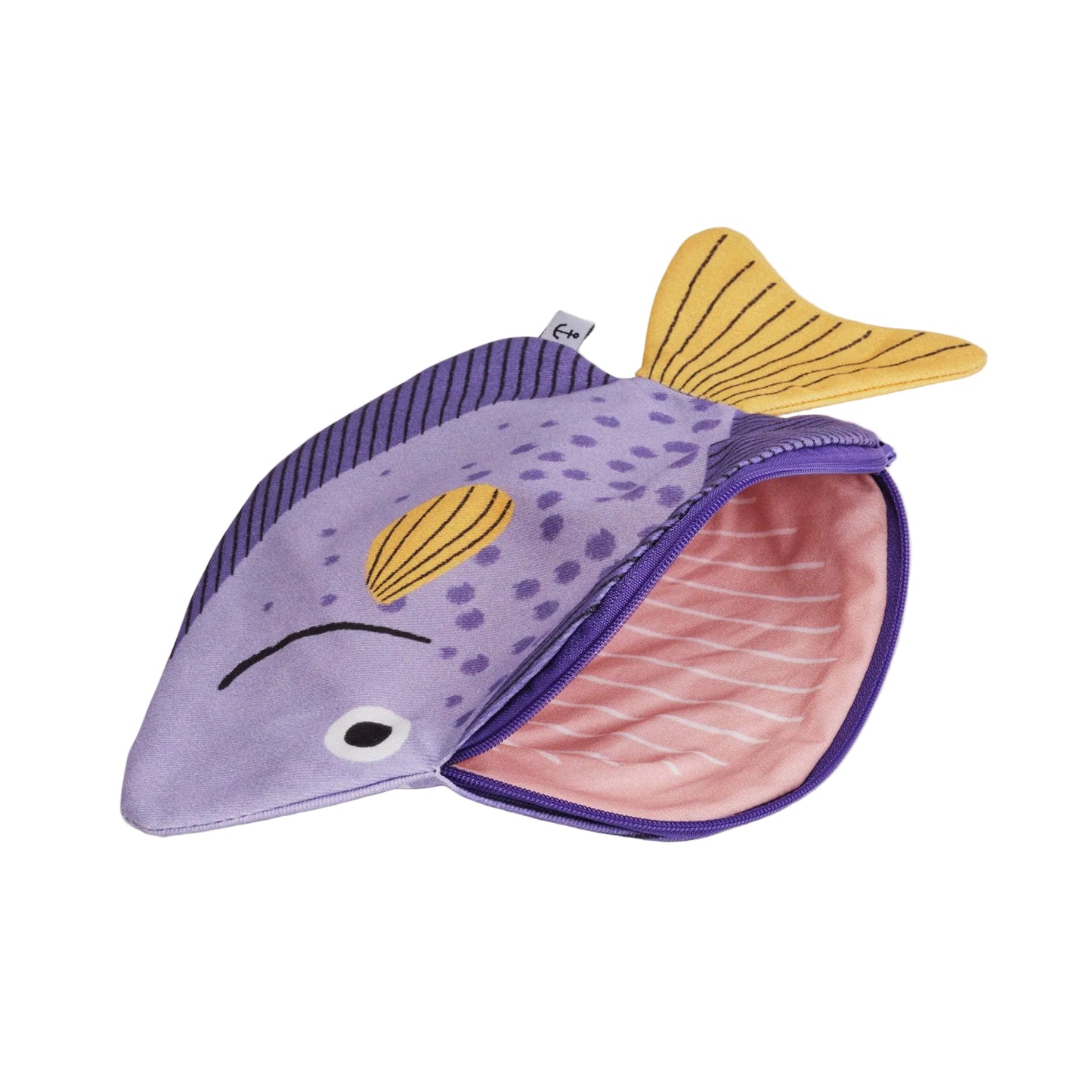 Purple fish-shaped pouch with yellow tail on a white background