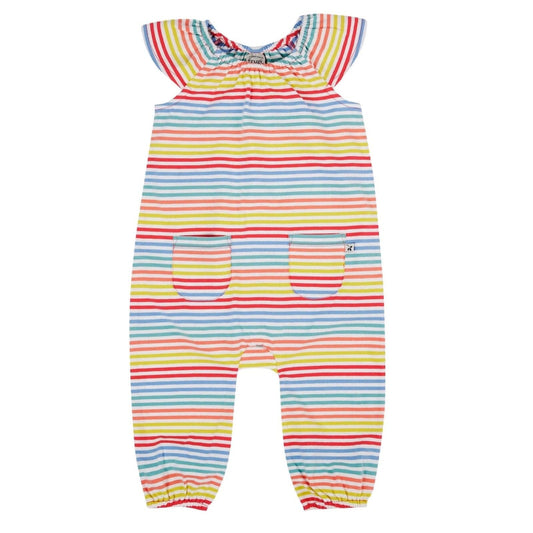 A multicolored striped playsuit with short sleeves and patch pockets, featuring a collar with gathers and elasticated leg cuffs.