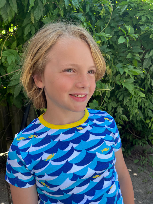 DUNS Wave And Fish Short Sleeve Shirt Blue