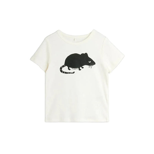 An off-white short-sleeve baby tee featuring a black graphic of a rat on the chest, displayed against a clean white background.