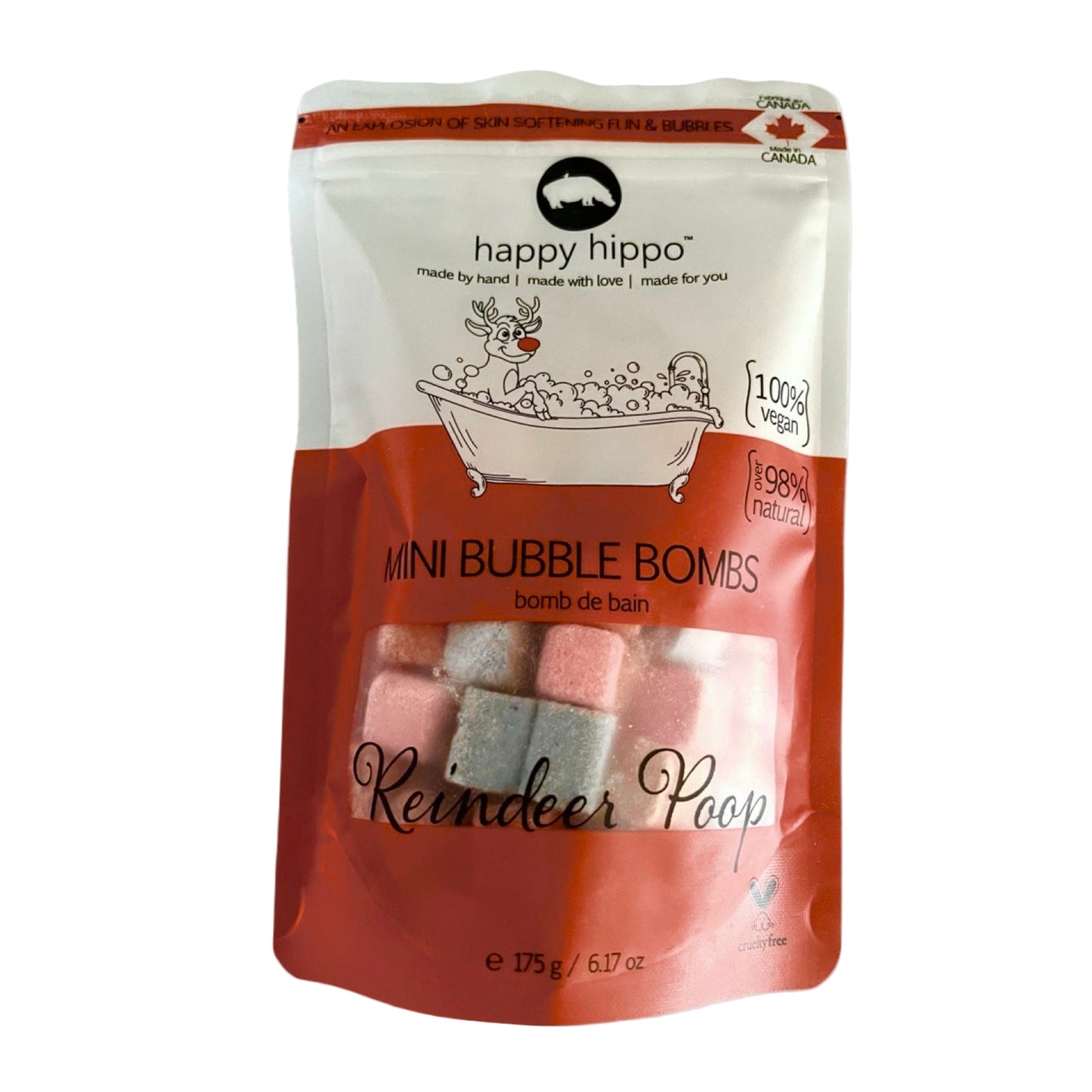 Happy Hippo Mini Bubble Bombs packaging with red and white design.