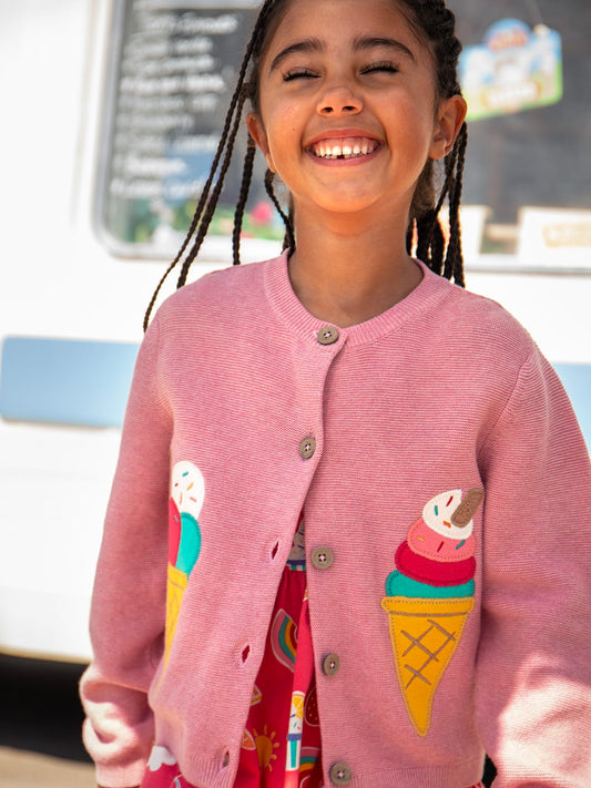 Frugi Rosa Appliqué Cardigan Pink Marl/Ice Cream