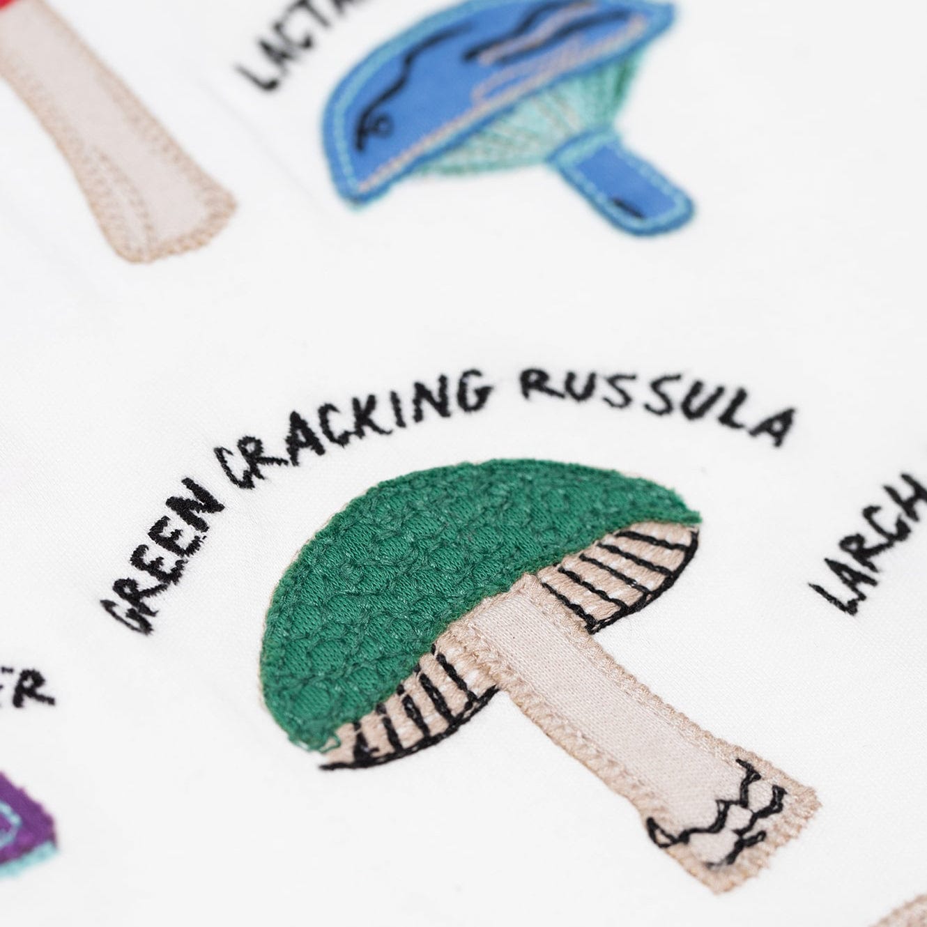 Pattern of colorful mushroom illustrations with labels on a white background