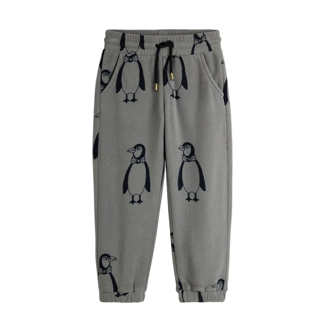 Grey fleece pants with penguin pattern on a white background