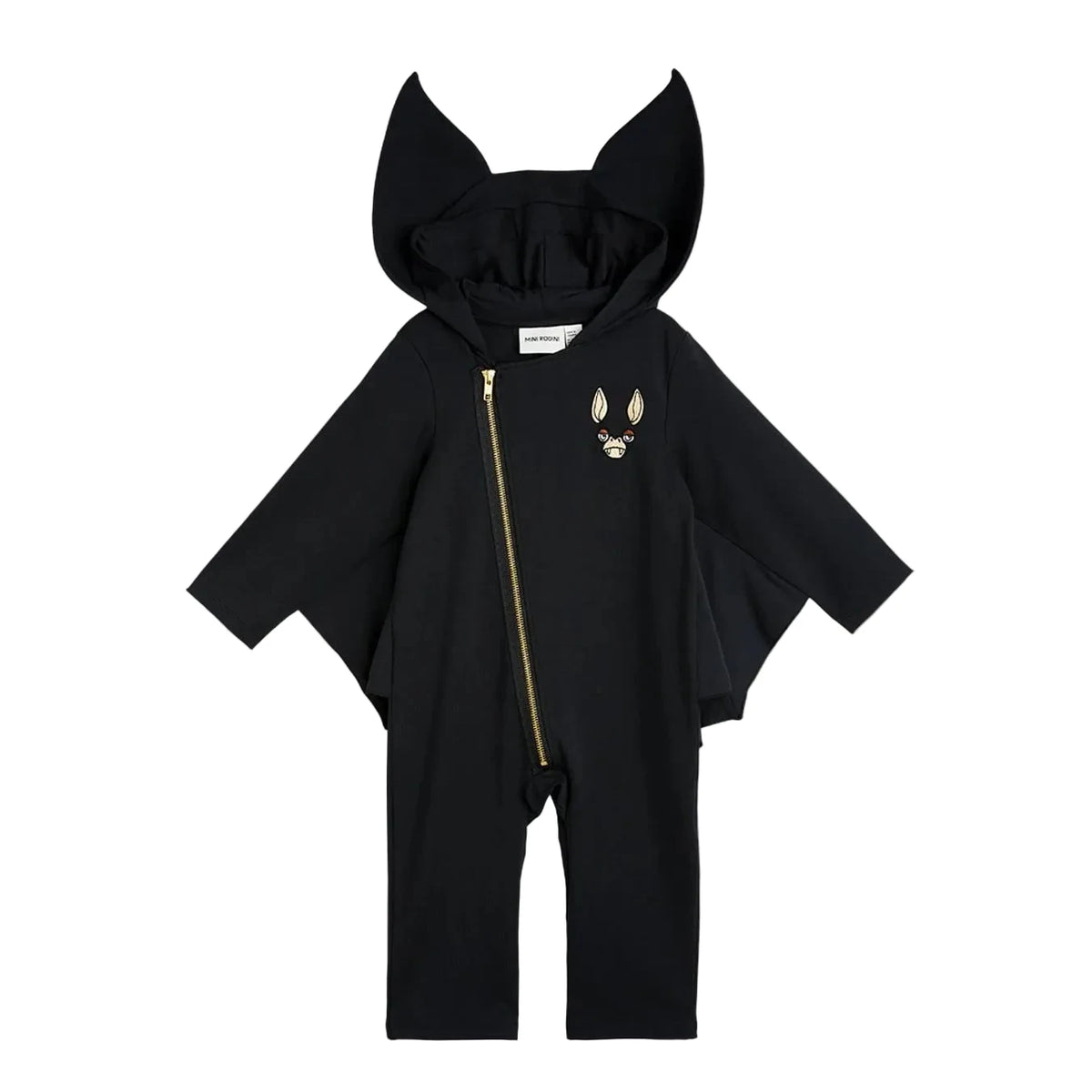 A black hooded one-piece jumpsuit with bat-wing sleeves, a front zipper, and a small gold fox face graphic on the left chest, displayed on a light gray background.