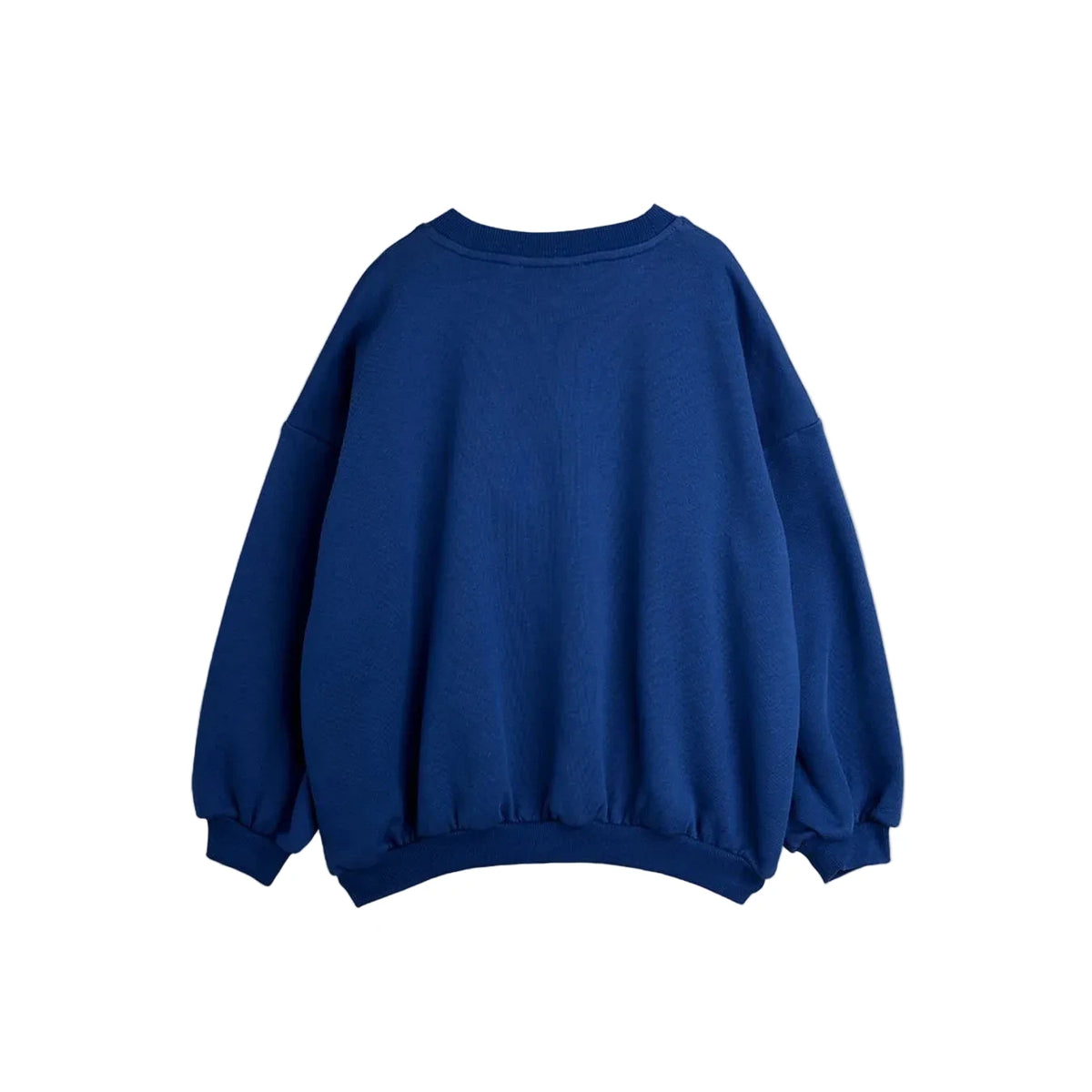 A royal blue crewneck sweatshirt with balloon sleeves, shown from the back against a clean white background.
