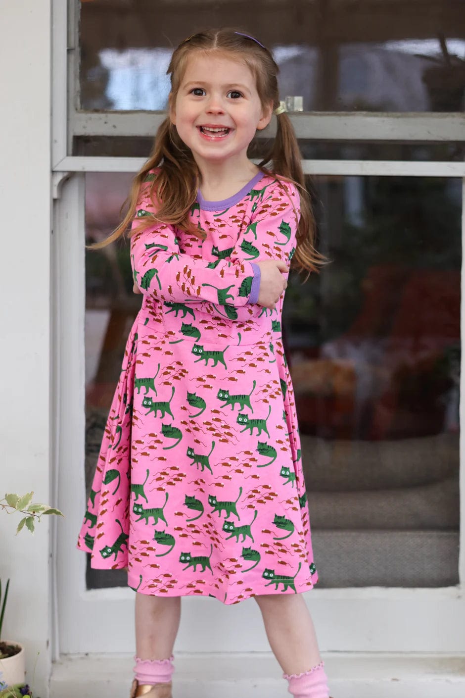 Cat Long Sleeve Gather Dress Pink