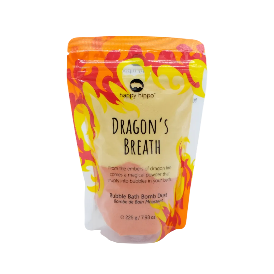 Happy Hippo Dragon's Breath bubble bath bomb dust packaging on a white background