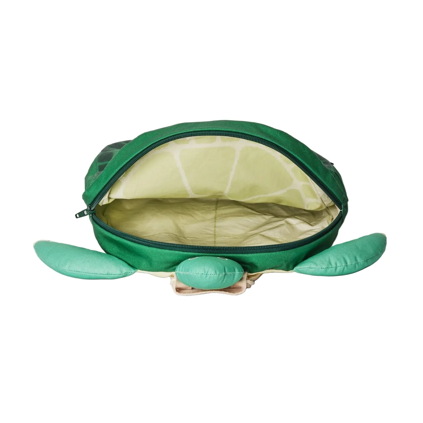 Green turtle-shaped pouch on a white background