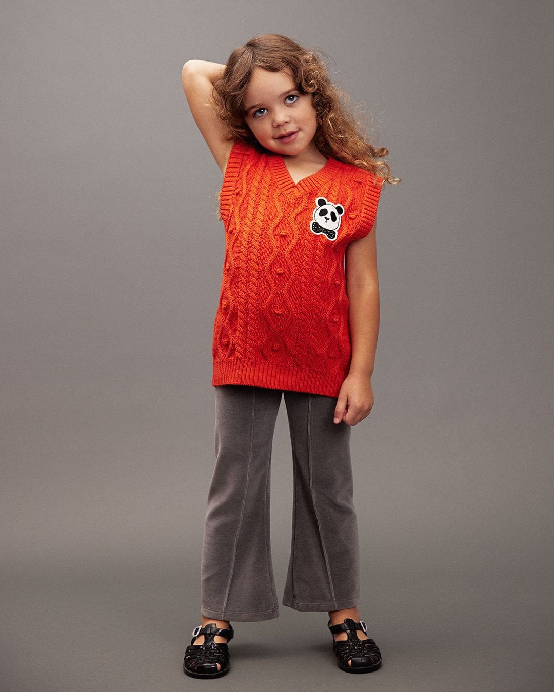 Panda Patch Cable Knit V-Neck Slipover