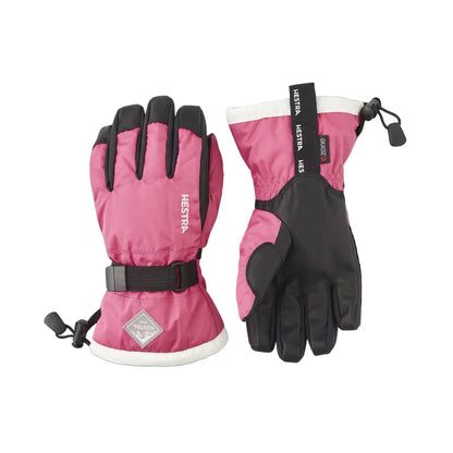 Pink and black gloves with visible Hestra branding on a white background