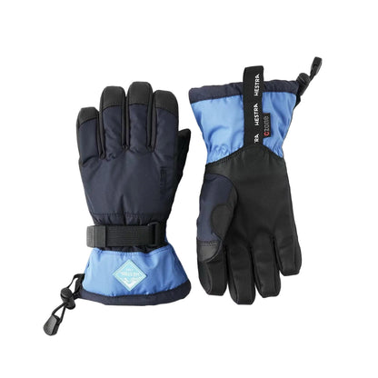 Pair of black and blue gloves with visible branding on a black background