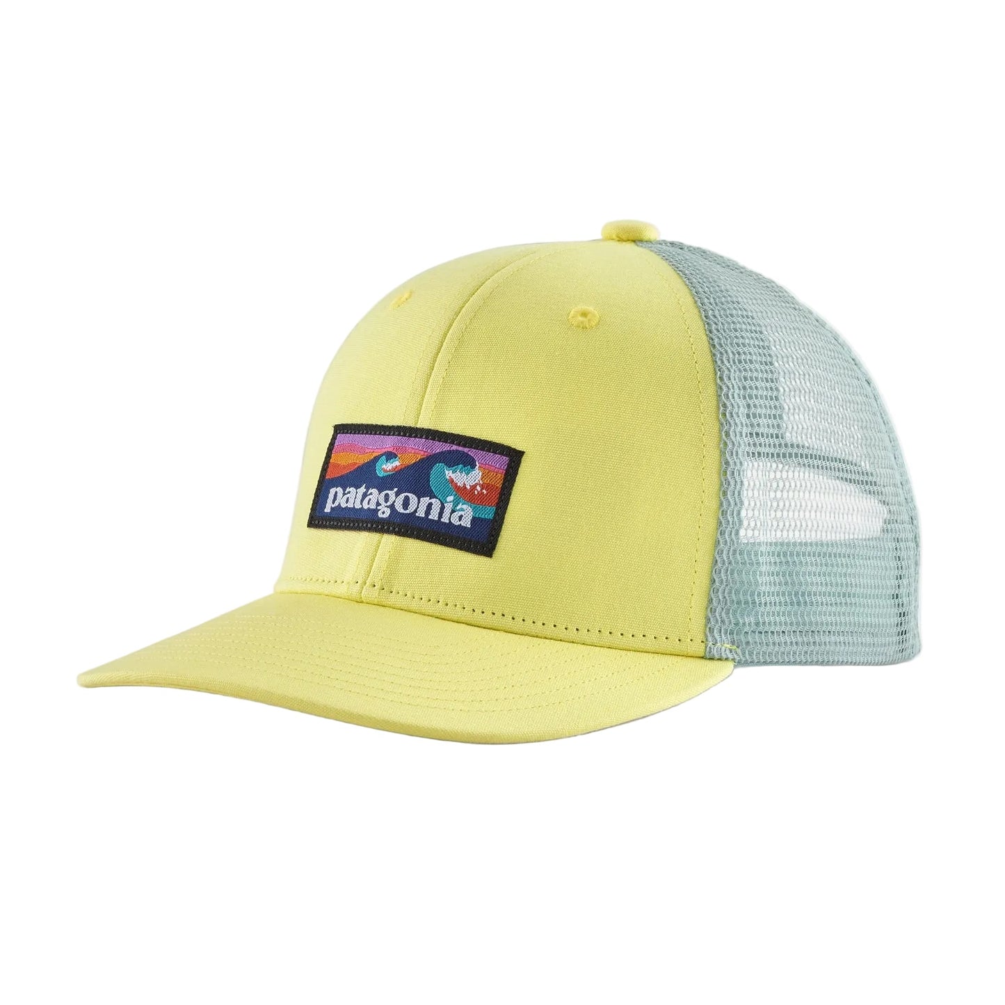 Yellow and light blue cap with Patagonia logo on a white background