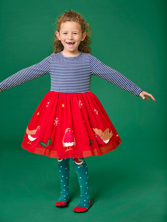 Frugi Emmie Skater Dress Navy Stripe/Robin