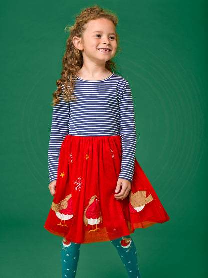Frugi Emmie Skater Dress Navy Stripe/Robin