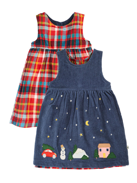 Frugi Rosalie Reversible Dress Navy/Festive Check