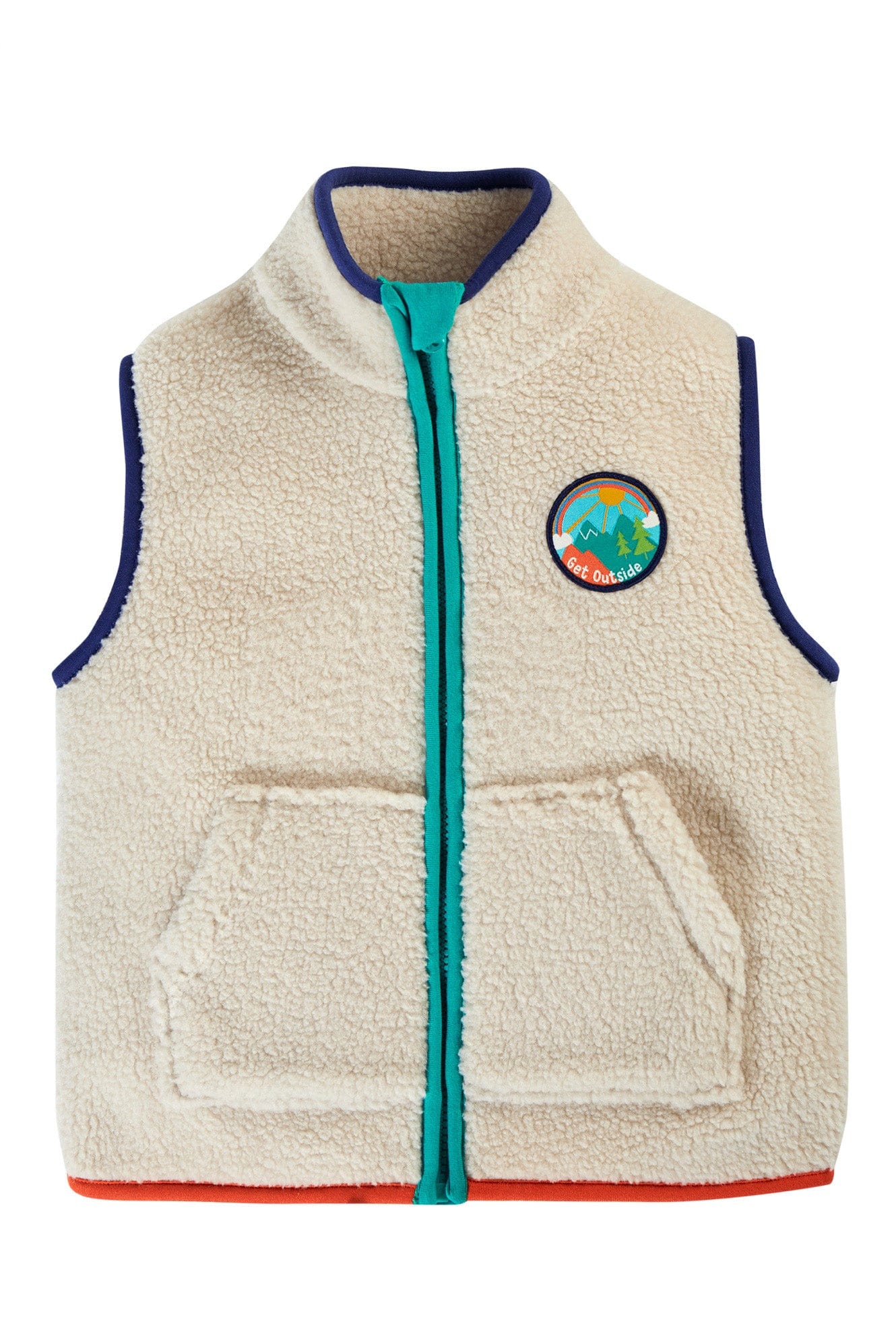 Fleece vest from Frugi in beige, red and blue taping and get outside patch it on left chest.