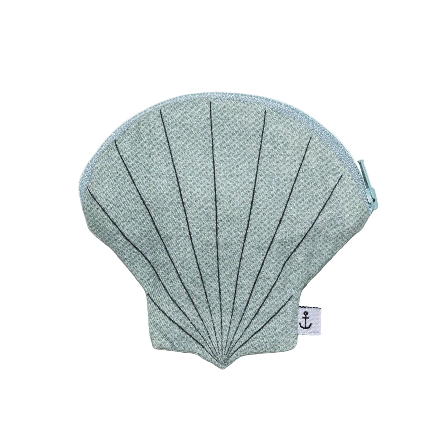 Shell-shaped pouch with textured surface on a light gray background
