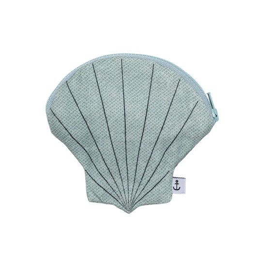 Shell-shaped pouch with textured surface on a light gray background