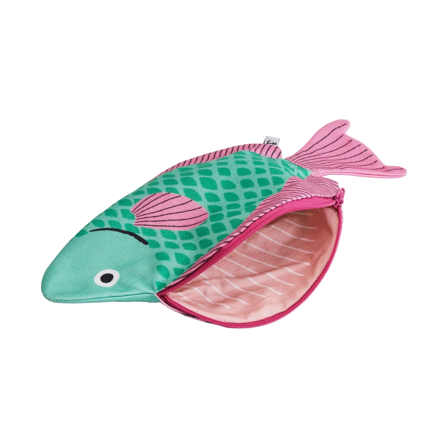 Fish-shaped pouch with open zipper on a white background