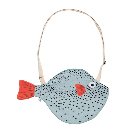 Fish-shaped bag with a strap on a white background