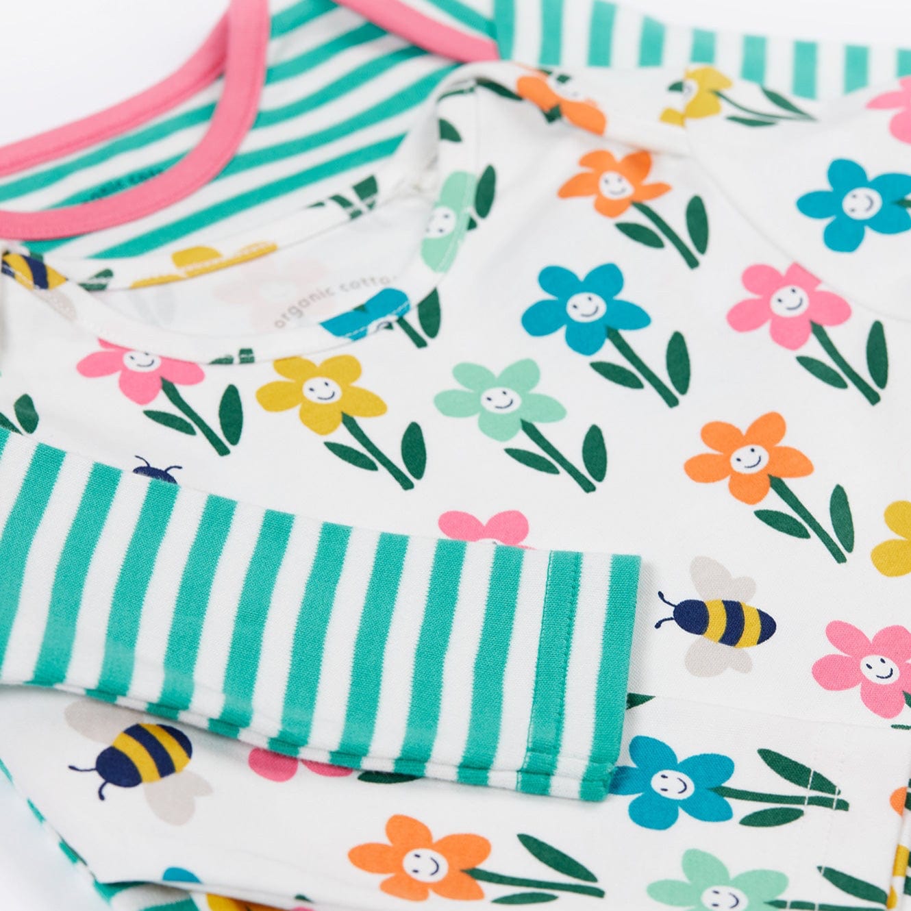 Children's clothing with floral and striped patterns on a white background