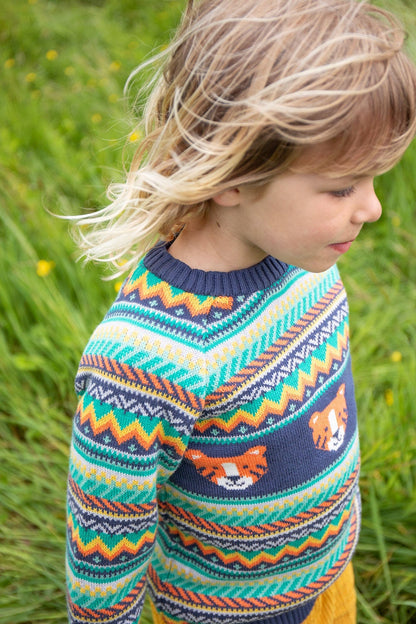 Frugi Fowey Tiger Fairisle Knitted Jumper on child in high green grass.