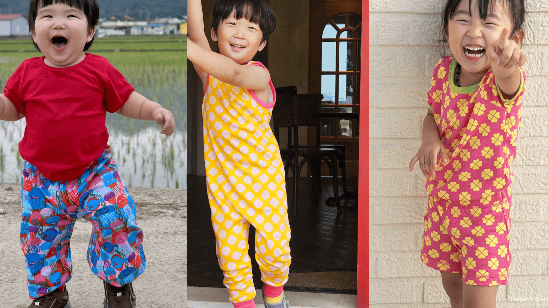 Three children in colorful outfits standing in different settings.
