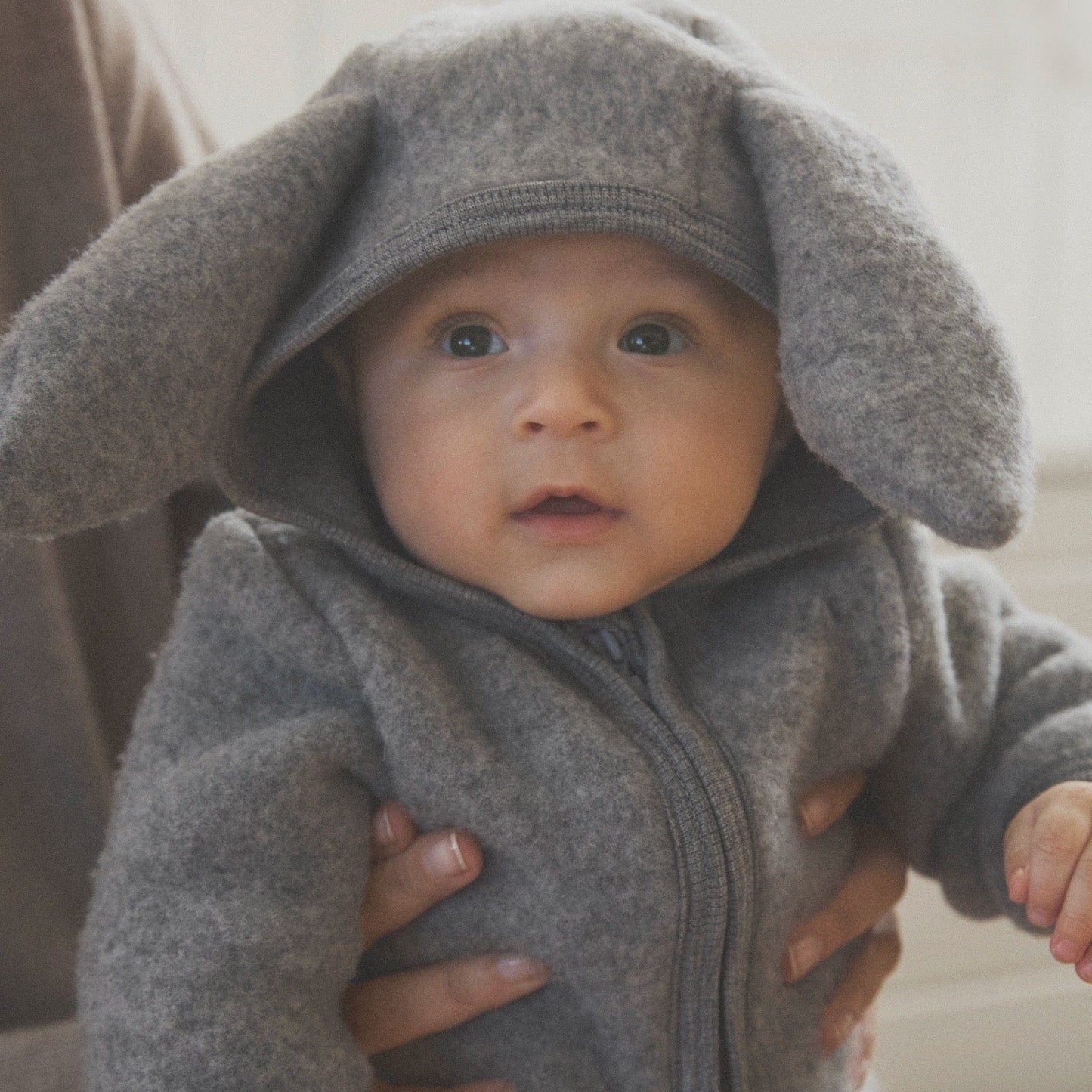 Pram Suit With Ears Wool Fleece Medium Grey Melange