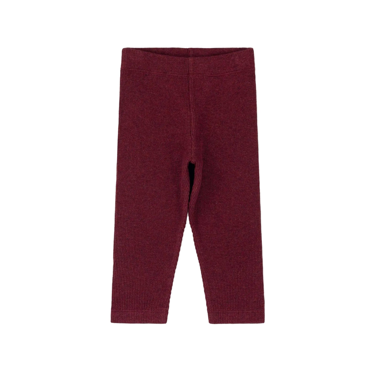 A pair of ribbed knit leggings in a deep burgundy red