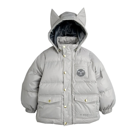A light gray puffer jacket with a hood shaped like cat ears, gold snap buttons, a cat face patch on the chest pocket, and 'M.RODIN' printed near the lower right front, shown on a plain light gray background.
