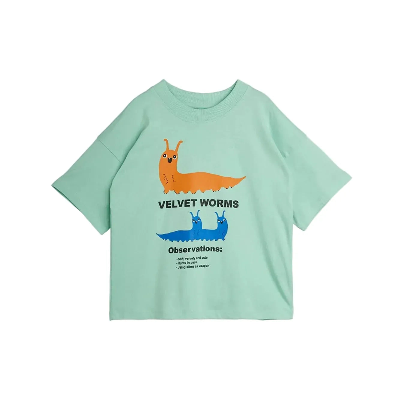 A mint green short-sleeve t-shirt featuring a graphic of two cartoon velvet worms, one orange and one blue, with black text reading 'VELVET WORMS' and 'Observations:'.