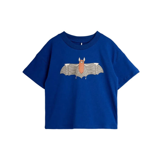 A royal blue short-sleeve crop top t-shirt featuring a graphic of a bat with gray wings and an orange body on the chest, displayed against a light gray background.