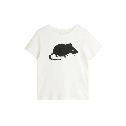 An off-white short-sleeve baby tee featuring a black graphic of a rat on the chest, displayed against a clean white background.