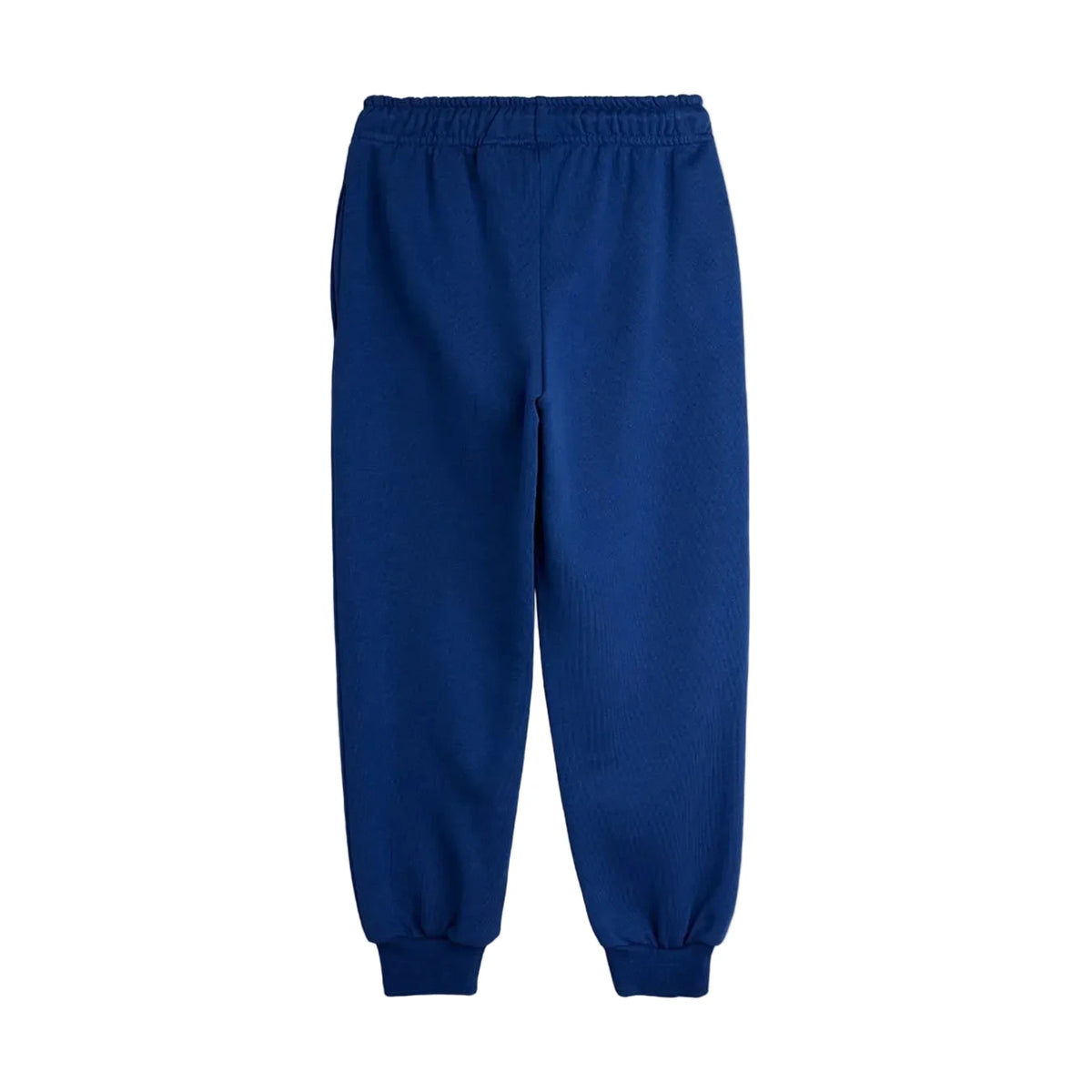 A pair of solid royal blue jogger pants with an elastic waistband and ribbed ankle cuffs, shown flat against a light gray background.