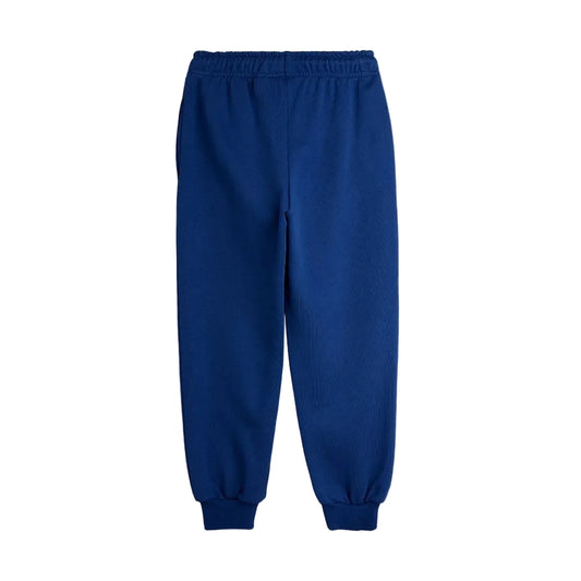 A pair of solid royal blue jogger pants with an elastic waistband and ribbed ankle cuffs, shown flat against a light gray background.
