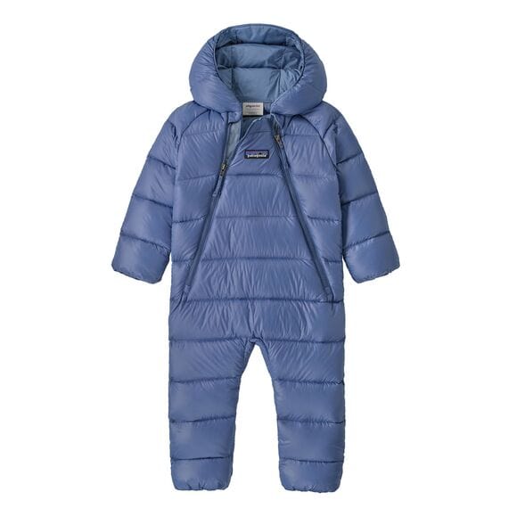Blue puffer snowsuit with a hood on a white background