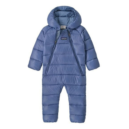 Blue puffer snowsuit with a hood on a white background