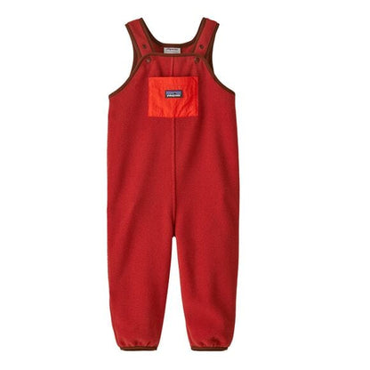 Red overalls with a visible brand logo on a white background