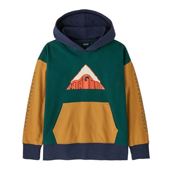Colorful hoodie with a mountain graphic on a white background