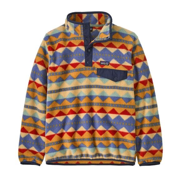 Colorful patterned pullover with a visible brand logo on a white background