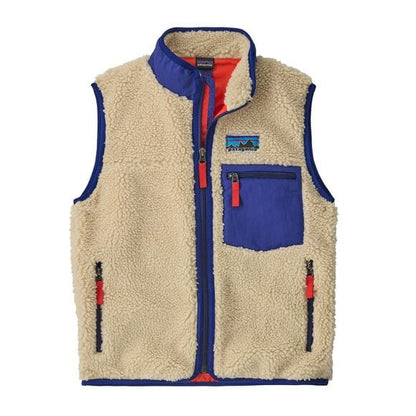 Beige fleece vest with blue and red accents on a white background