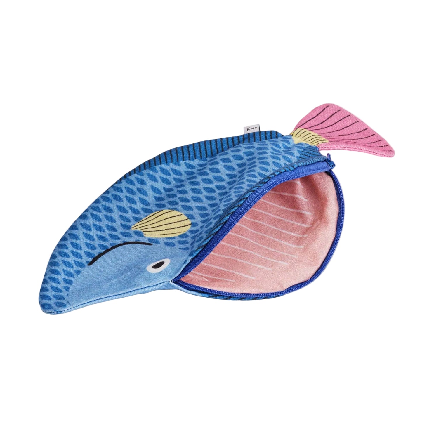 Fish-shaped pouch with pink interior on a white background