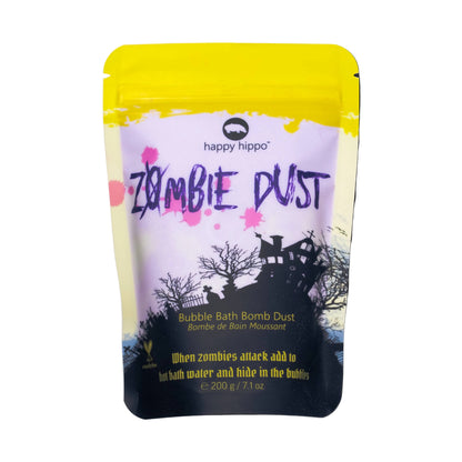 Packaging of 'Zombie Dust' bubble bath bomb dust by happy hippo on a white background