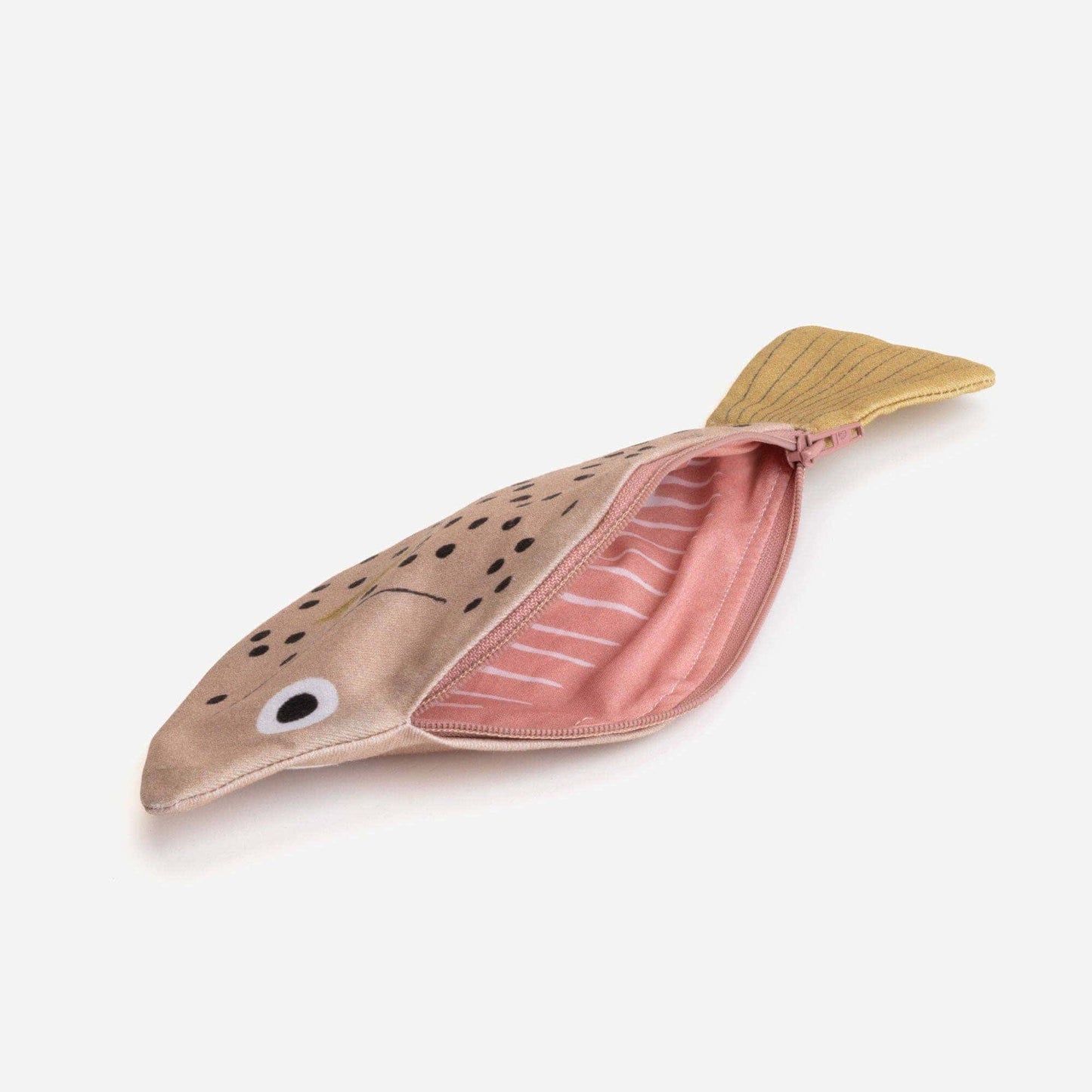 Fish-shaped pouch with open pink interior on a white background